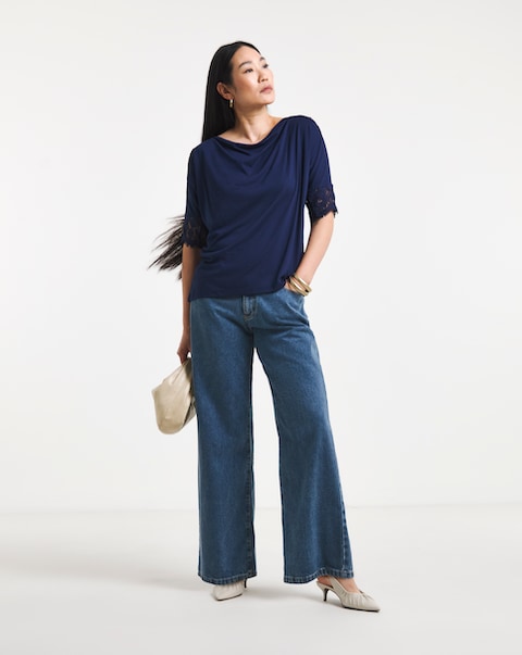 Drape Neck Lace Trim Top