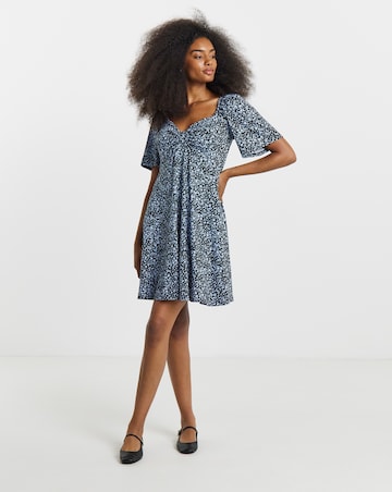Black Print Supersoft Knot Front Skater Dress