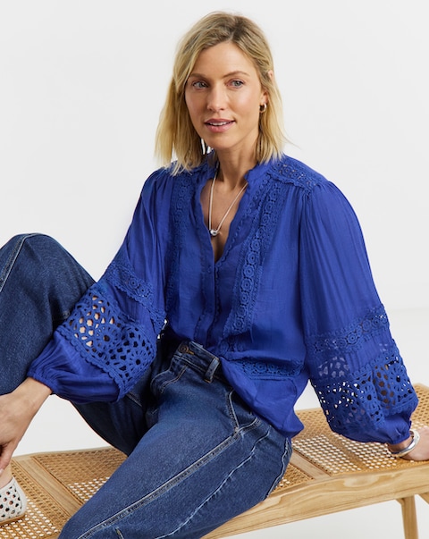 Lace Trim Button Through Prairie Blouse