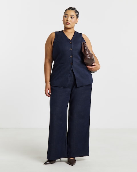Chambray Look Tie Waist Wide Trouser