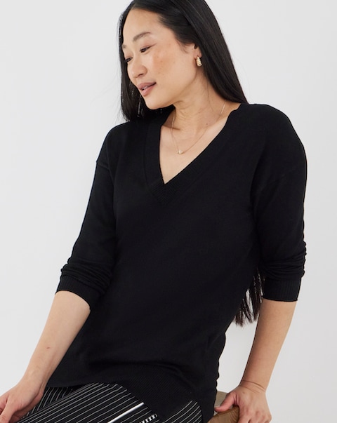 Fine Knit Black V Neck Slouch Tunic