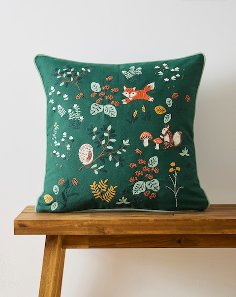 Forest Friends Embroidered Cushion - Forest Green