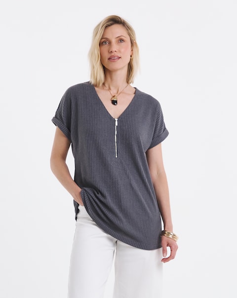 Grey V Neck Zip Front Longline Top