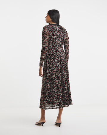 Simply Be Black Print Mesh Lace Trim Midi Dress
