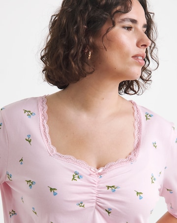 Simply Be Magenta And Blue Ditsy Floral Short Sleeve Square Neck Rib Top