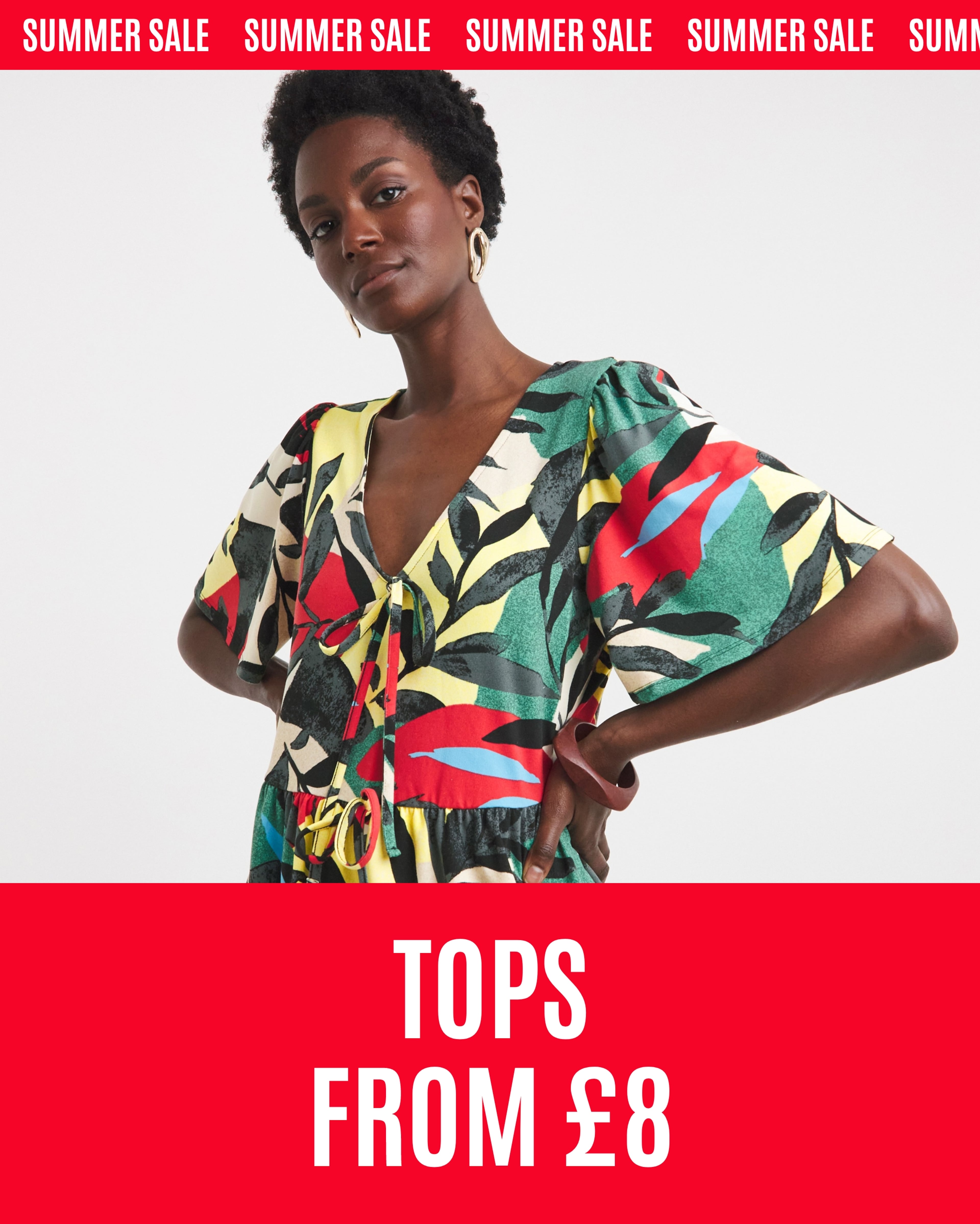 Promotional banner with “Summer Sale” text showing a person modelling a colourful patterned top against a plain background.