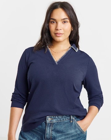 Simply Be Navy Rib Blanket Stitch Polo Top