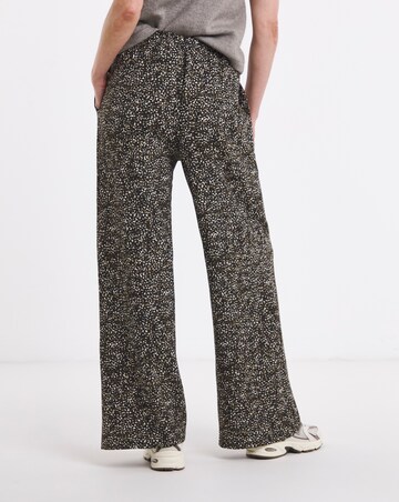 Khaki Print Textured Jersey Tie Waist Wide Leg Trouser