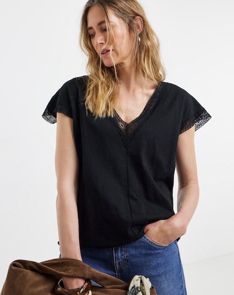 Black Lace V-Neck Bubble Hem Top