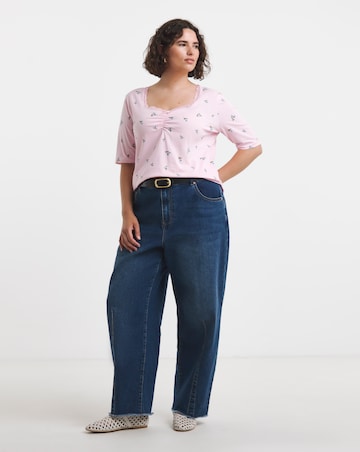 Simply Be Magenta And Blue Ditsy Floral Short Sleeve Square Neck Rib Top