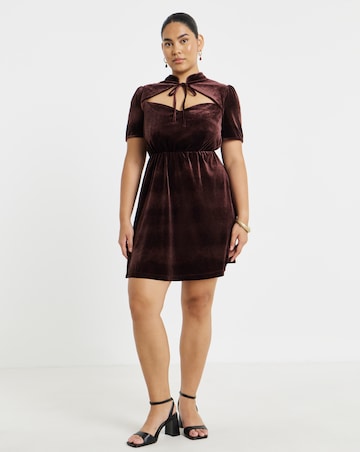 Simply Be Chocolate Velour Cutout Tie Neck Skater Dress