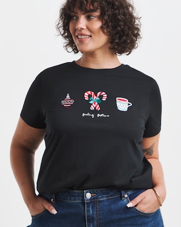 Simply Be Black Christmas Placement Embroidery T-Shirt