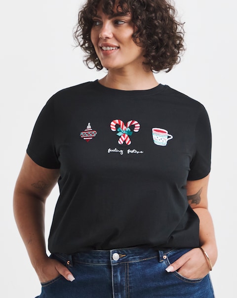 Simply Be Black Christmas Placement Embroidery T-Shirt