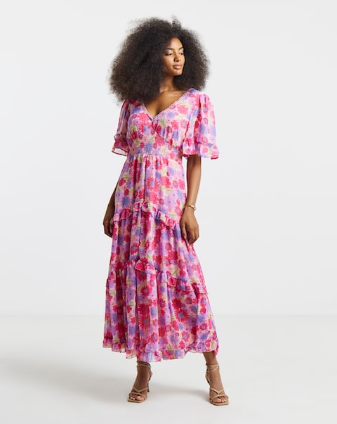 Simply Be Pink Floral Tiered Maxi Dress