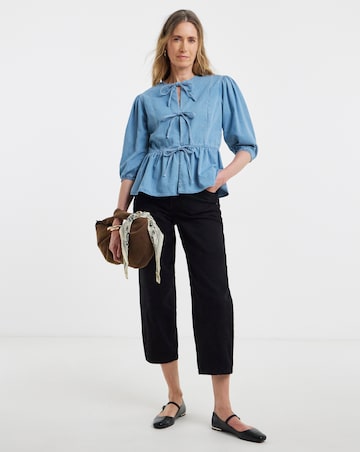 Light Blue Peplum Puff Sleeve Denim Top