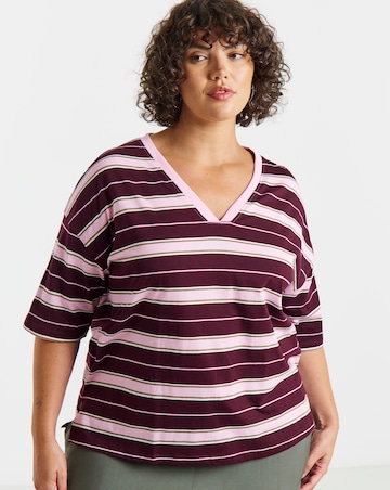 Simply Be Pink And Burgundy Stripe Short Sleeve V-Neck T-Shirt