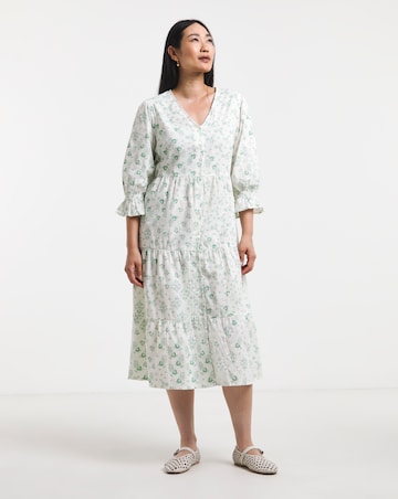 Cotton Dobby Button Through Dress With Puff Sleeve