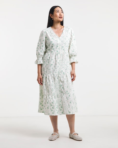 Cotton Dobby Button Through Dress With Puff Sleeve