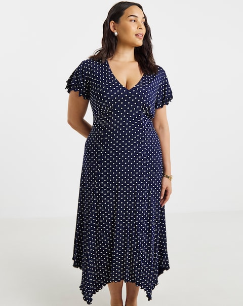 Flutter Sleeve Navy Spot Hanky Hem Midi Dress