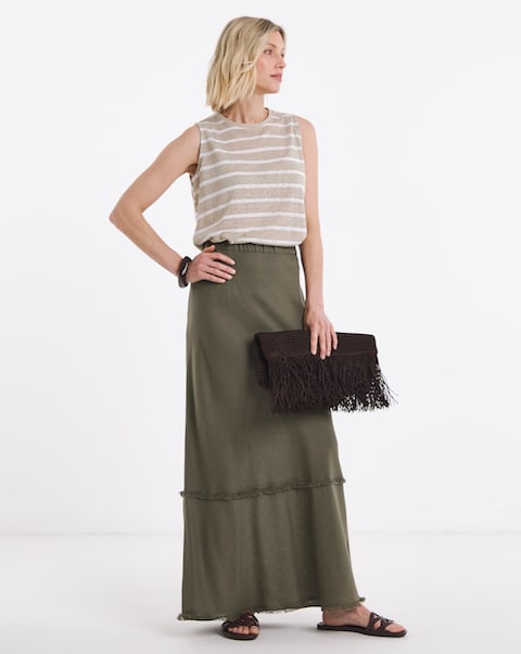 Khaki Linen Mix Frayed Hem Skirt