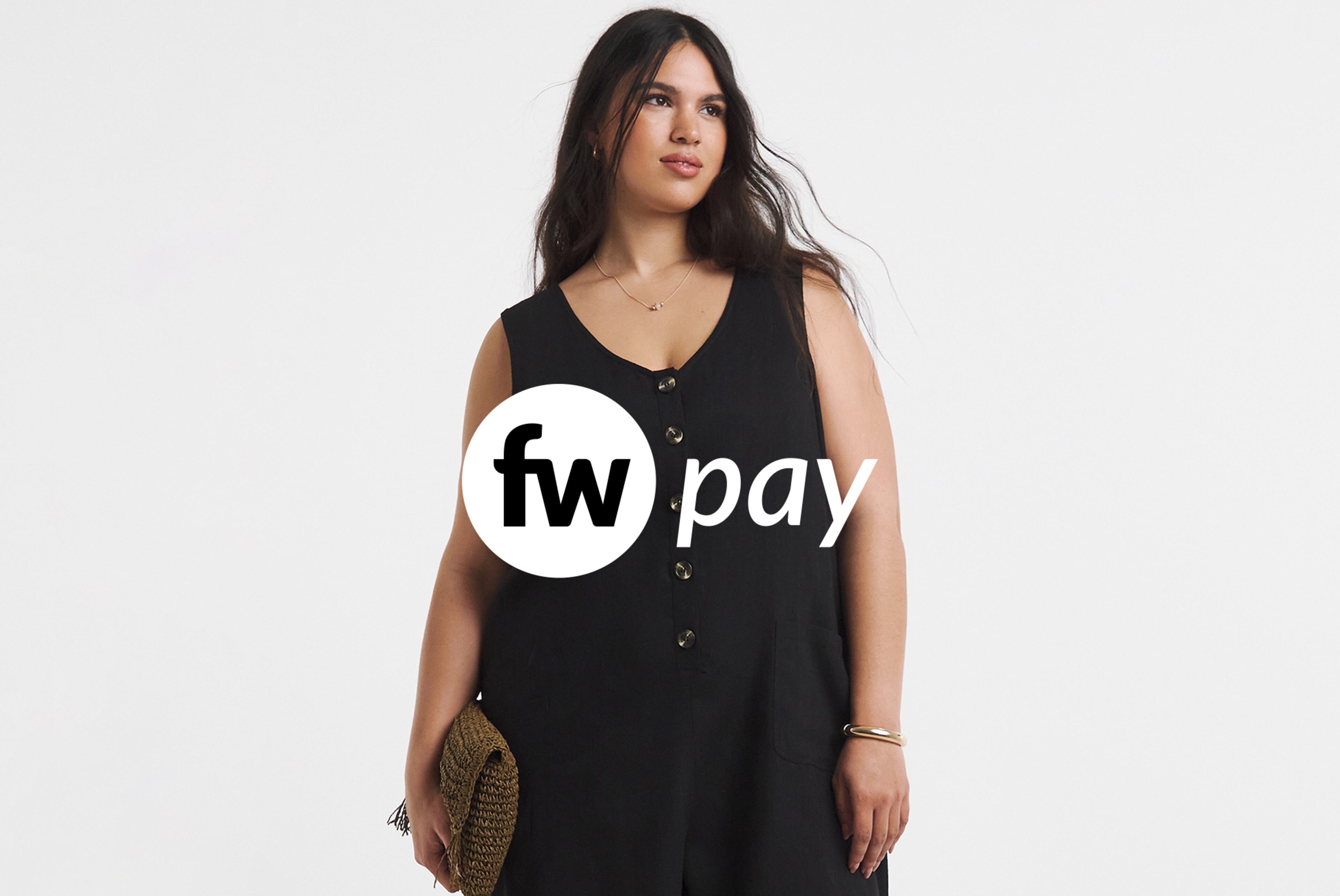 Close-up of a  person wearing a black linen playsuit, with the FW Pay logo.