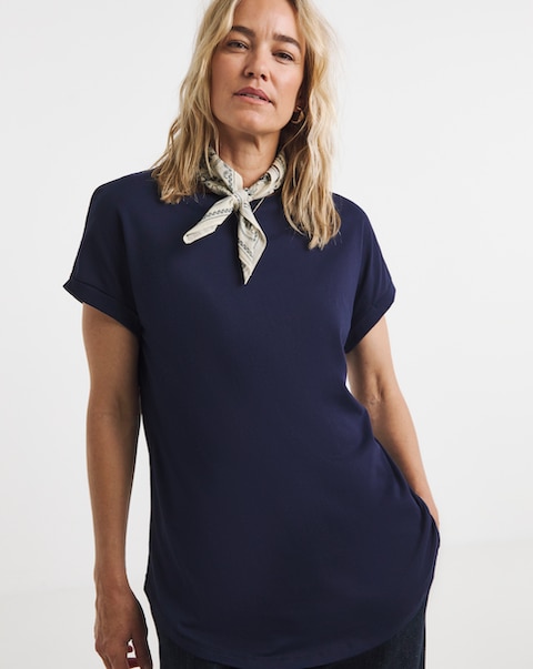 Pure Cotton Navy Relaxed Short Sleeve Longline Top