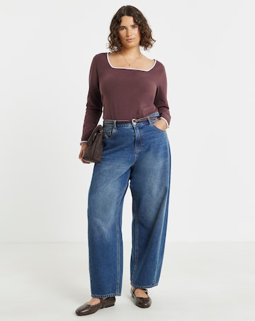 Simply Be Chocolate And Blue Contrast Trim Square Neck Long Sleeve Top