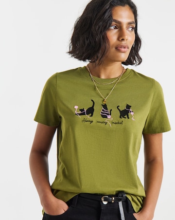 Simply Be Olive Cat Placement Embroidery Short Sleeve T-Shirt