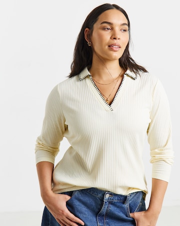 Simply Be Cream Rib Blanket Stitch Polo Top