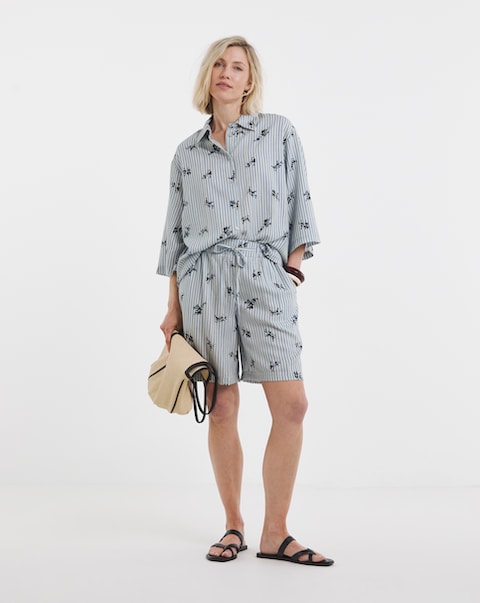 Stripe Print Tie Waist Linen Mix Shorts