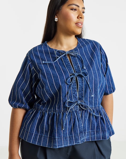 Simply Be Striped Blue Tie Front Denim Peplum Blouse