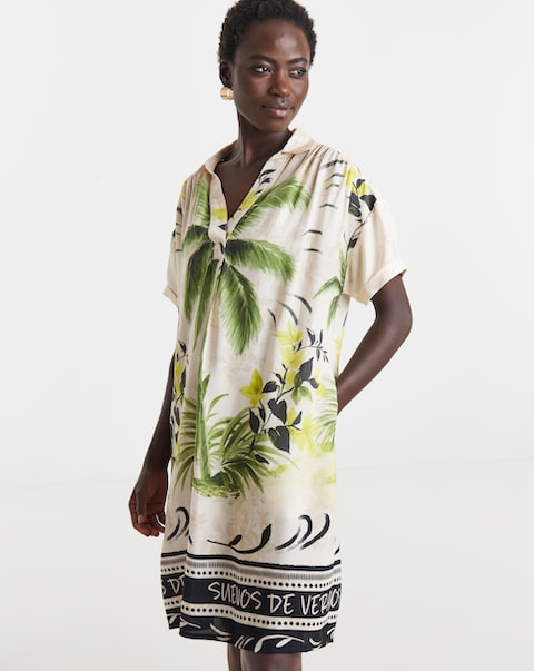 Palm Print Linen Tunic Dress