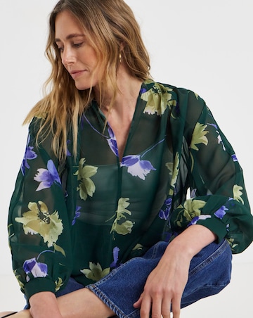 Green Floral Blouson Sleeve Georgette Blouse