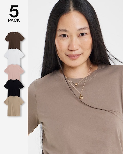 Black, White, Mocha, Choc, Blush 5 Pack Crew Neck Short Sleeve T-Shirts