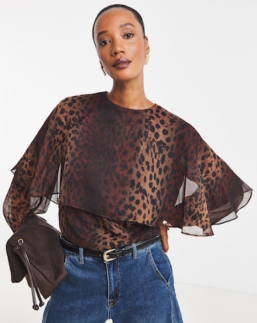 Leopard Print Cape Detail Chiffon Blouse