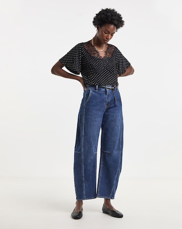 Spot Print Angel Sleeve Lace Trim Top