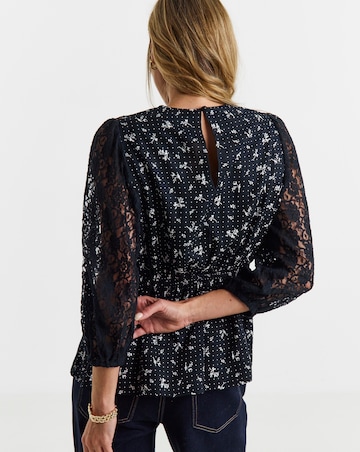 Printed Black Lace Sleeve Blouse