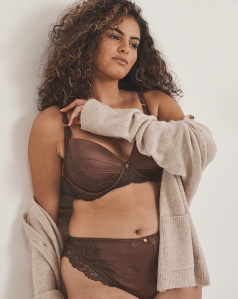 Pretty Secrets Satin & Lace Thong Chocolate