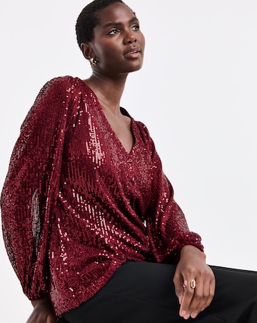 Burgundy Sequin Long Sleeve Button Through