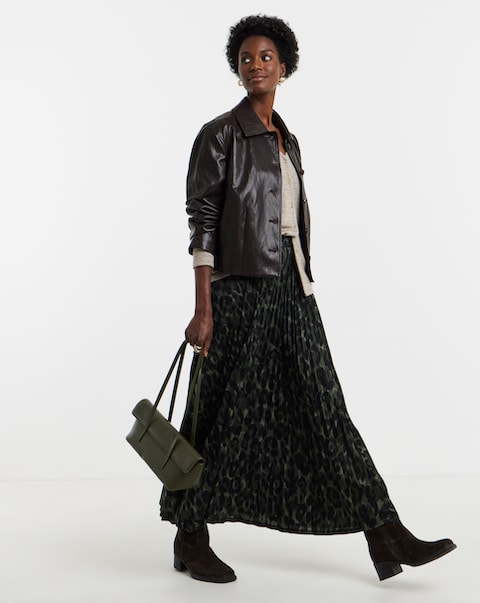 Khaki Leopard Jersey Pleated Midaxi  Skirt