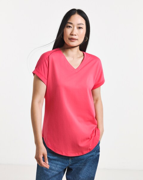 Pink V-Neck Short Sleeve Longline Curved Hem Top