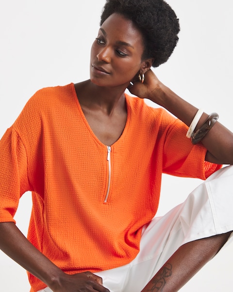 Orange Textured V-Neck Zip Front Short Sleeve Longline Top