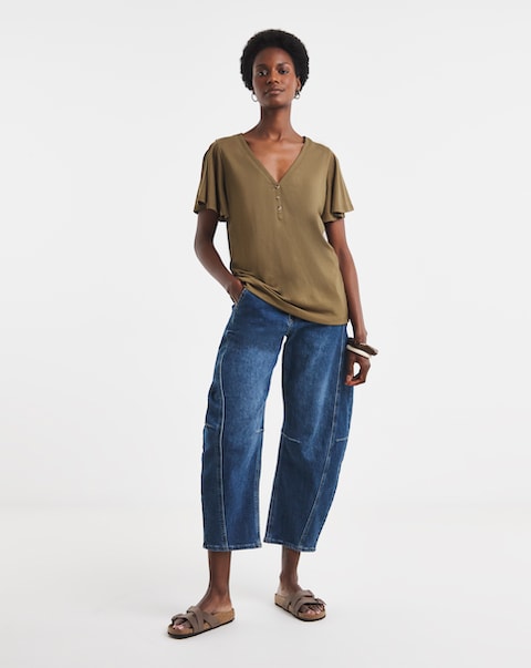 Khaki Button Front Frill Sleeve Top