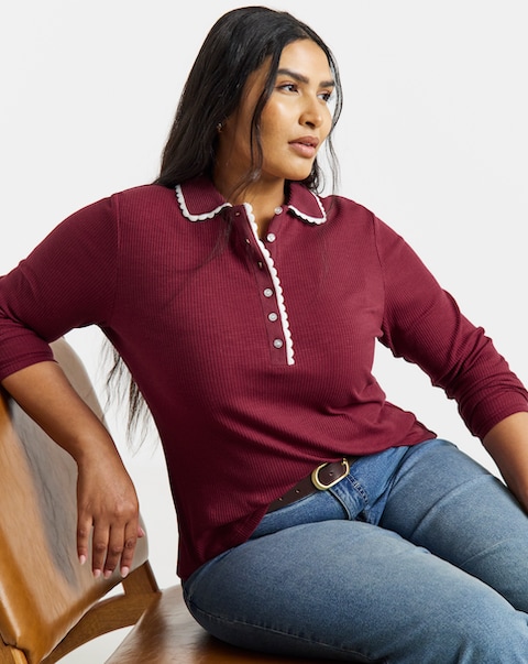 New In - Contrast Scallop Trim LS Polo
