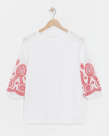 Pure Cotton Broderie 3/4 Length Sleeve Crew Neck Top