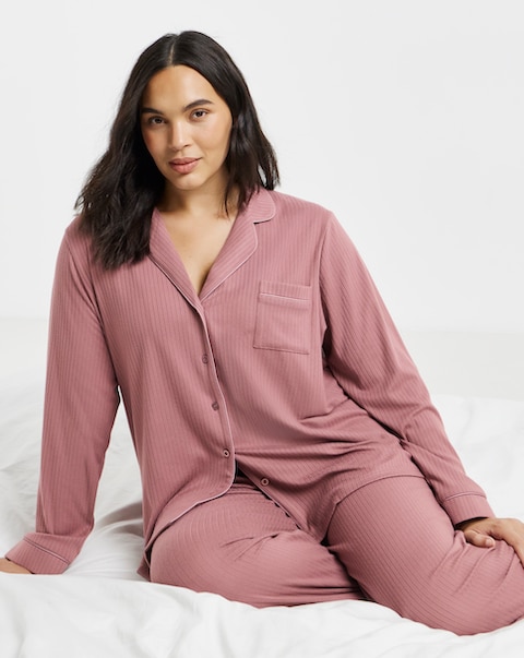 Figleaves Soft Knit Ribbed Pyjama Set Dusky Pink