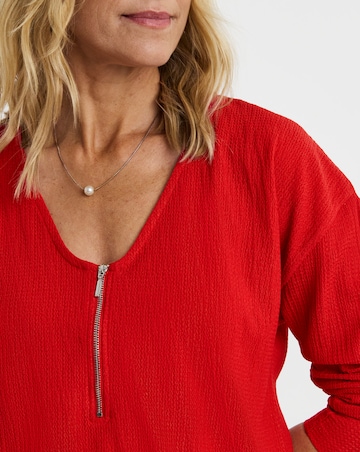 Red Longline Zip Front Long Sleeve Top