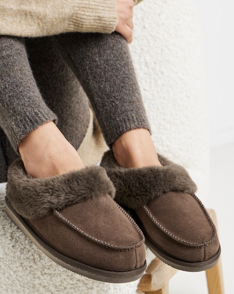 Capri Full Suede Faux Fur Trim Slippers - Wide Fit (E)
