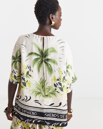 Palm Print Linen Mix Border Print Boxy Top