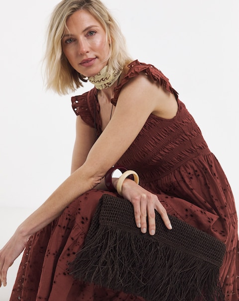 Chocolate Broderie Shirred Midi Dress